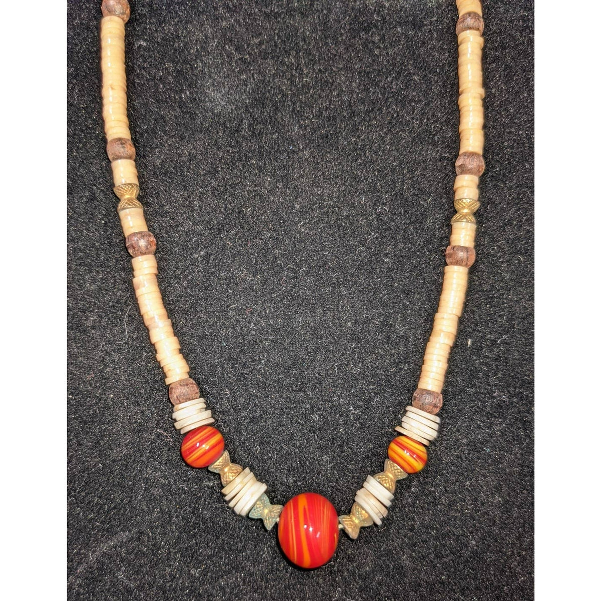Vintage Moroccan Style Red Glass Wood Shell Metal Beaded Necklace 14"