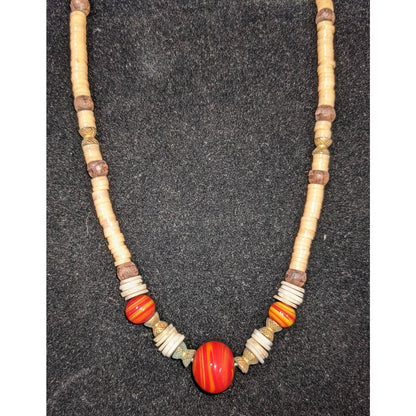 Vintage Moroccan Style Red Glass Wood Shell Metal Beaded Necklace 14"