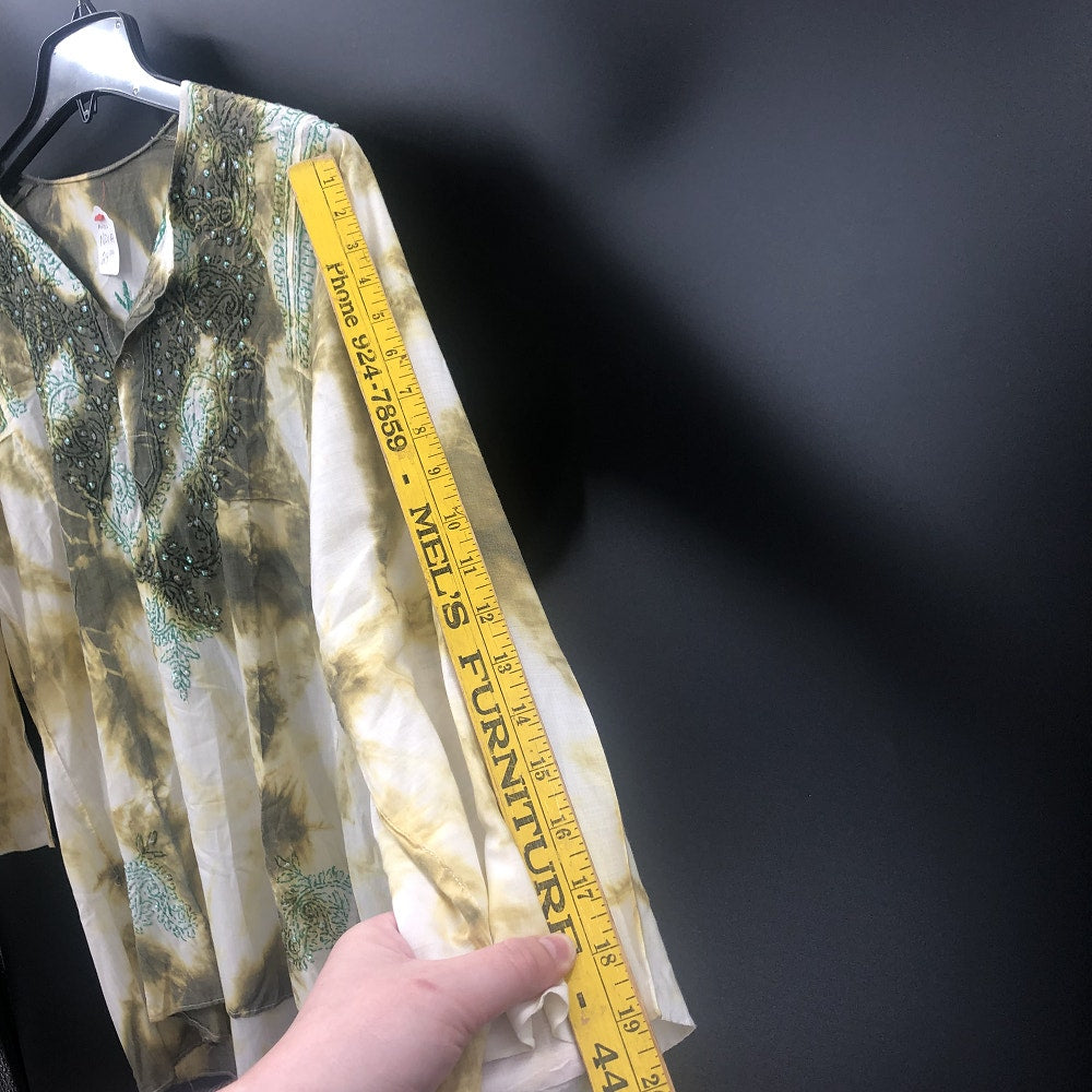 Vintage Tie Dye Sequin Embroidered Long Sleeve Tunic Top Green White Boho MEDIUM
