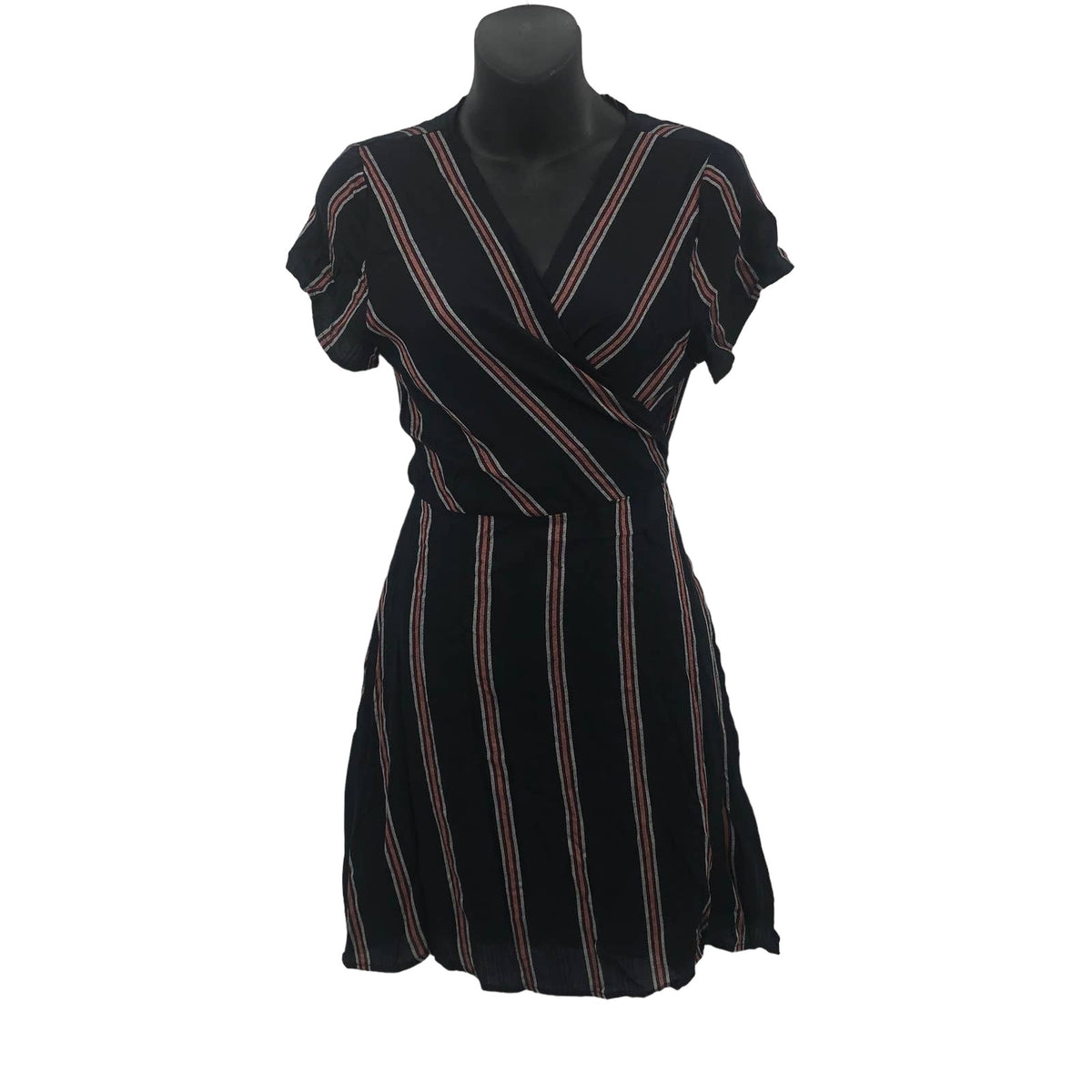 LIRA Women Short Sleeve Pullover Tie Waist Wrap Dress V-Neck Striped Black M