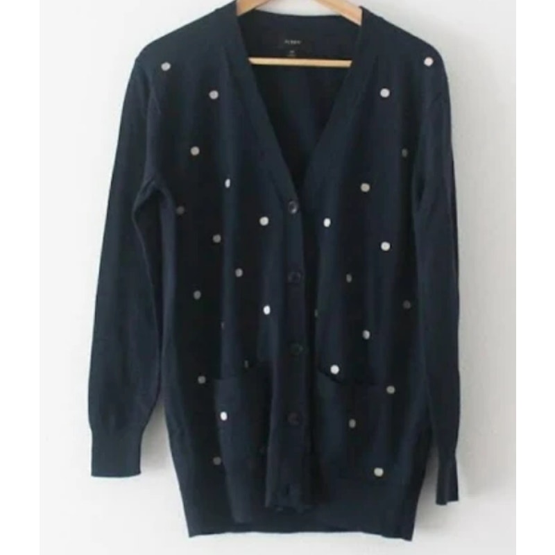 J.Crew Polka Dot Front Button V-Neck Pocket Cardigan Sz Small Navy and White NWT