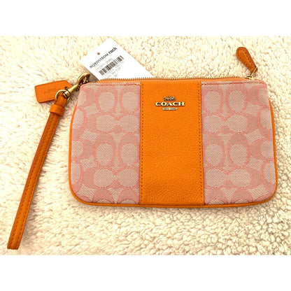 Coach Signature Jacquard & Leather Zip Slim Wristlet Taffy Orange NWT