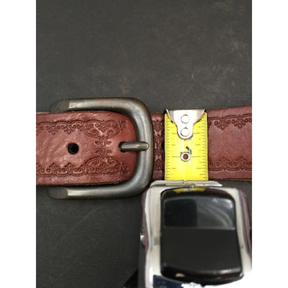 Fossil Tooled Leather Belt Brass buckle Floral Studded women's LARGE hippie boho