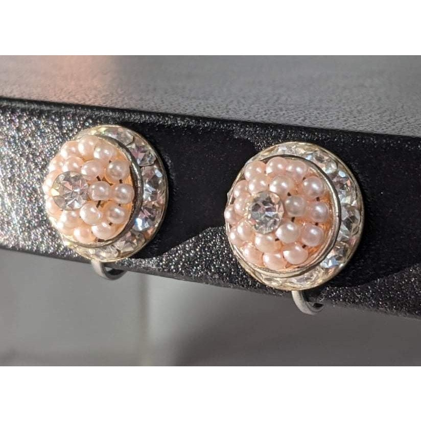 Vintage Mid-Century Pink Faux Pearl Rhinestone Screw Back Earrings Wedding Class