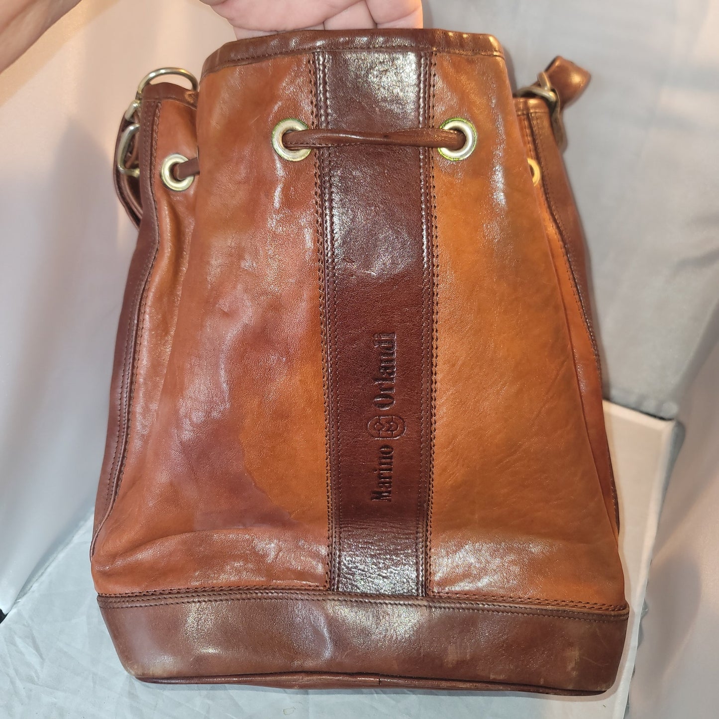 Marino Orlandi Leather Italian Bucket Bag NewBuck Cognac Drawstring Purse tartan
