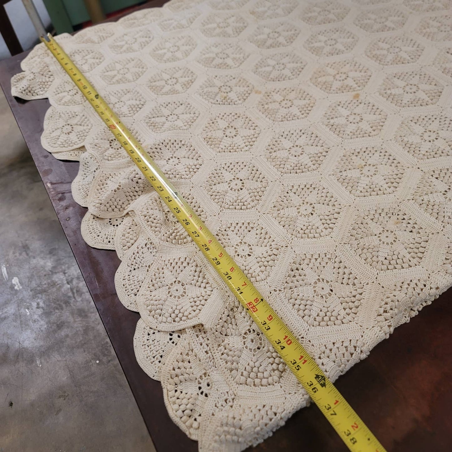 Hand crochet scallop edge Coverlet table cloth Cream Handsewn VINTAGE 72" x 86"