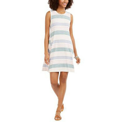 Style & Co Striped Sleeveless Swing Mini Dress Crew Neck Chelsea White X-Large