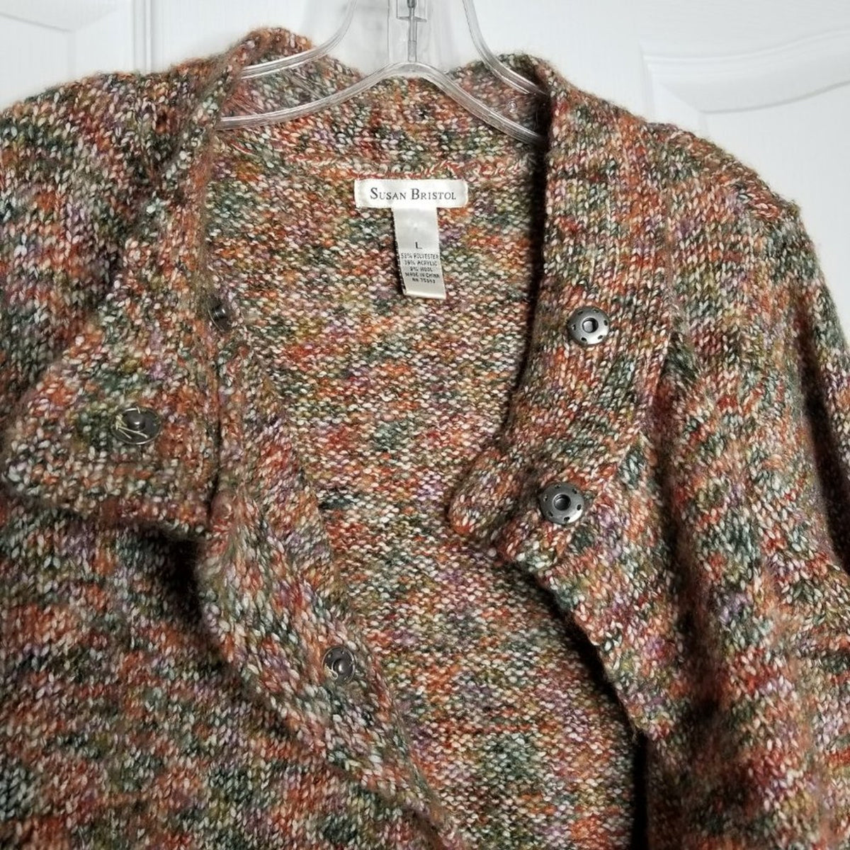 Susan Bristol Cardigan Sweater 2 Snap Button Front 3/4 Sleeve Multi-Color Large