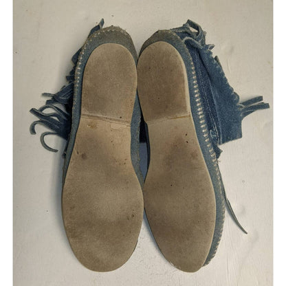 Vintage 80s Blue Suede Leather Fringe Moccasin Booties Soft Shoes  Size 8