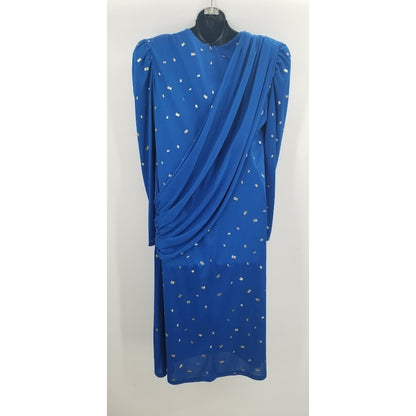 Vintage Nancy Bracoloni Size 14 Blue Gold Cocktail Dress Long Sleeve Sash Detail