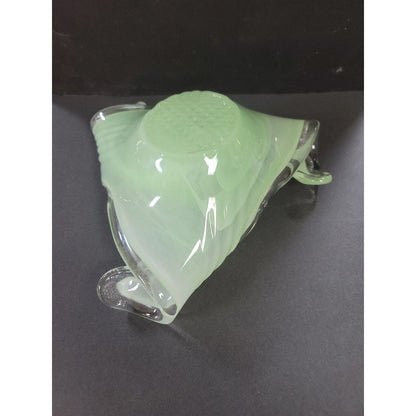 MURANO Hand Blown Art Glass CONSOLE FRUIT Bowl Green & White Swirl FREEFORM