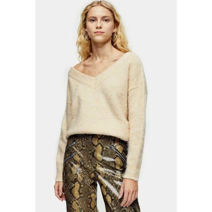 Topshop Pullover V-Neck Fuzzy Sweater Long Sleeve Straight Hem Beige Size Medium