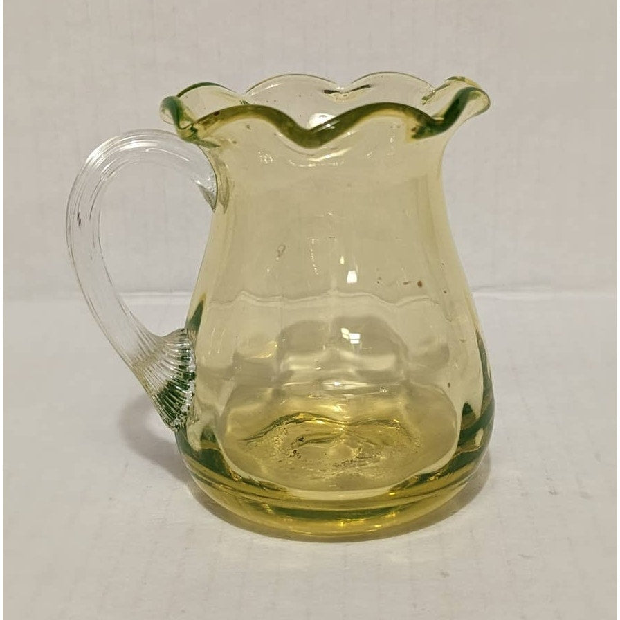 Vintage Uranium Glass Mini Vase handblown Handle JUG pitcher UV Reactive Tested