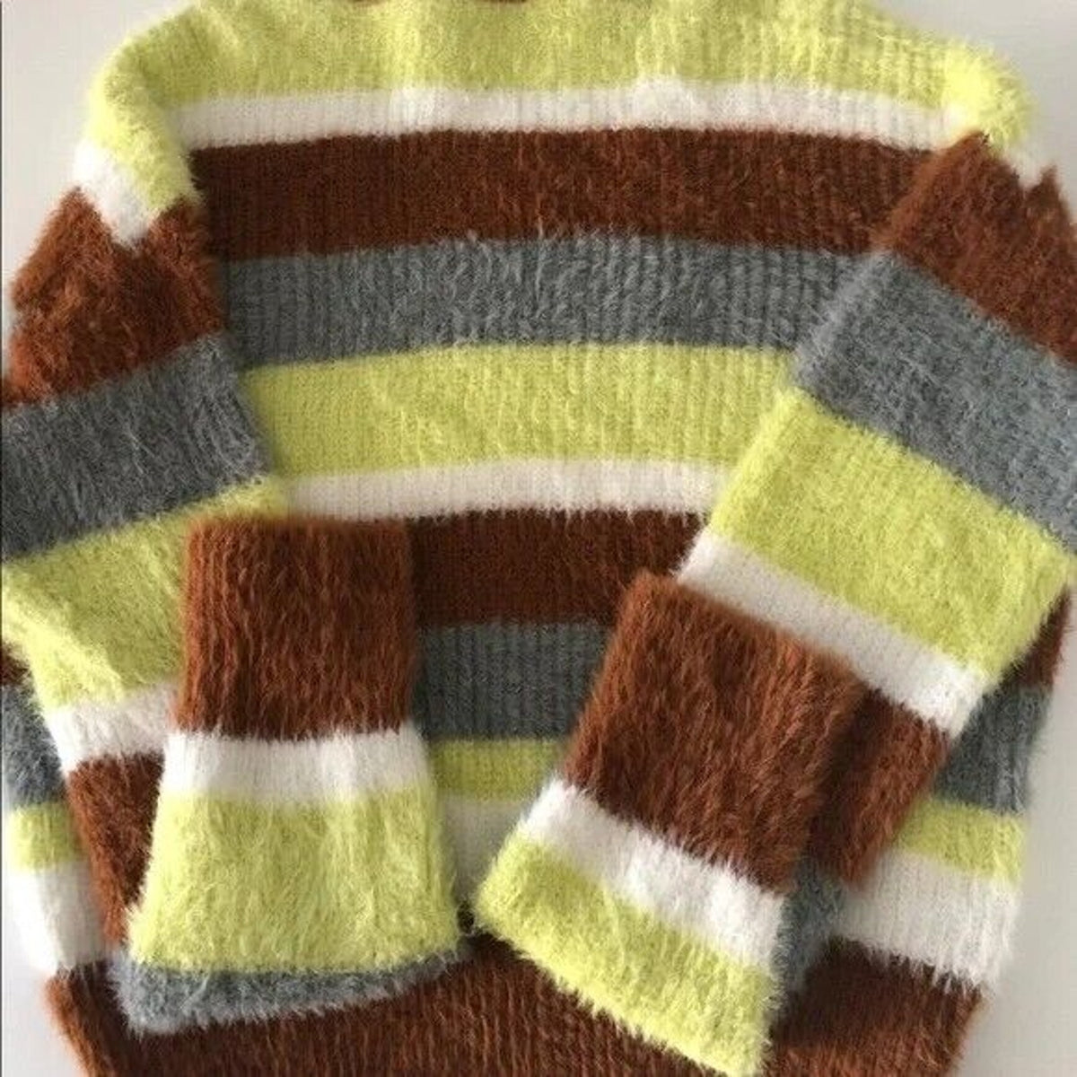 Lush Cozy Mock Neck Pullover Sweater Sz Small Camel Lime Stripe NWT