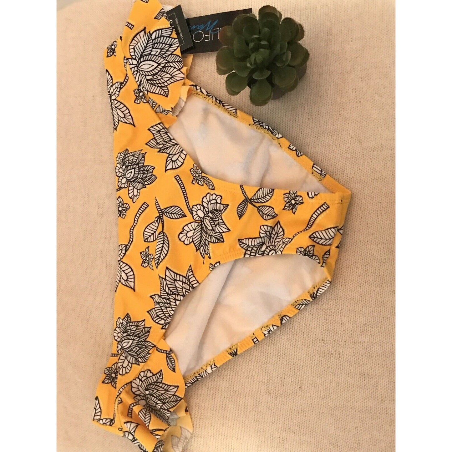 California Waves Baja Beauty Floral Ruffled Yellow Hipster Bikini Bottoms Large