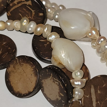 Potato freshwater pearl MultiStrand necklace coconut disks beach Shells Vintage