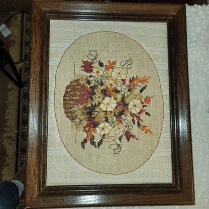 Vintage handmade embroidery wall hanging flowers floral 1970s 19" x 14.5" framed