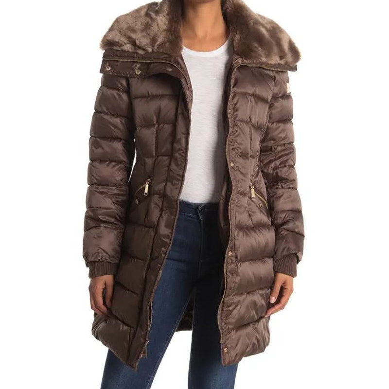 NINE WEST Women's Hooded Puffer Quilted Jackets Long Sleeves Brown Small NWT