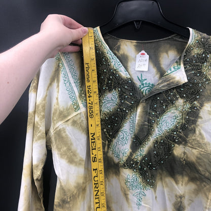 Vintage Tie Dye Sequin Embroidered Long Sleeve Tunic Top Green White Boho MEDIUM
