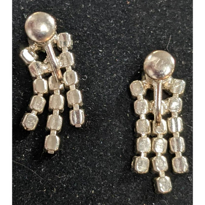 Vintage Screw Clip On Earrings Silver Tone White Rhinestone Dangle Chandelier