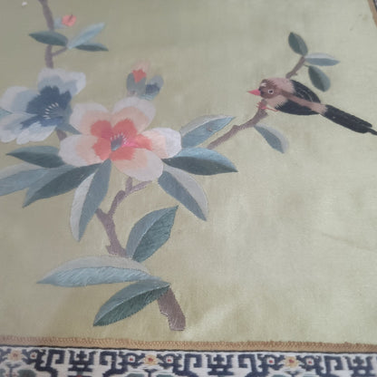Silk Asian Wall art BIRD landscape florals outdoor wallhanging Vintage Framed