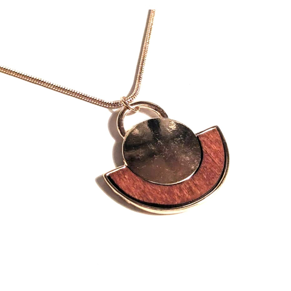 Vintage Mini Moon MCM Jewelry ZAD Gold Tone Metal Wood Amulet Pendant on Chain