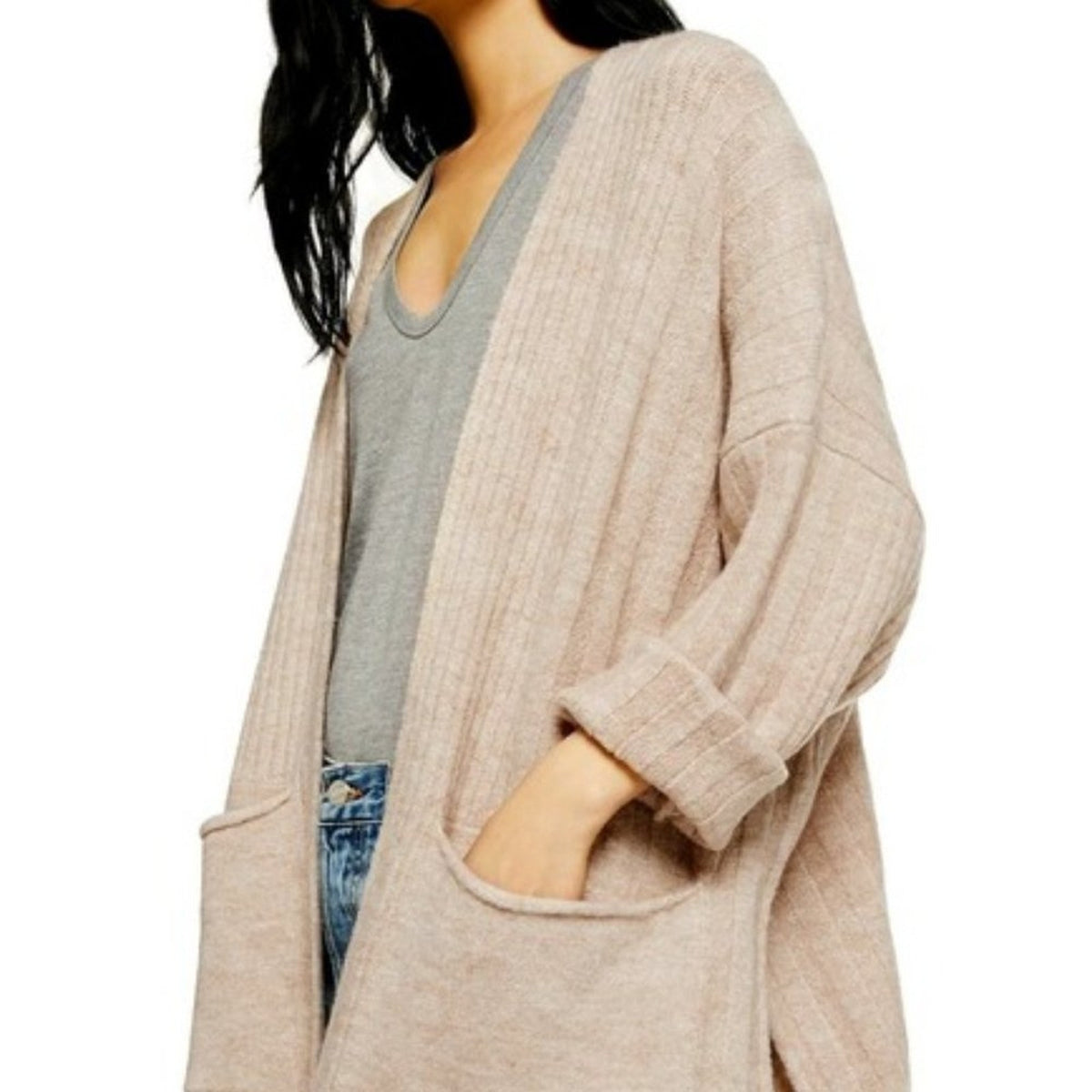 NWT Topshop Long Cardigan Open Front Long Sleeves Oversized Light Brown XL