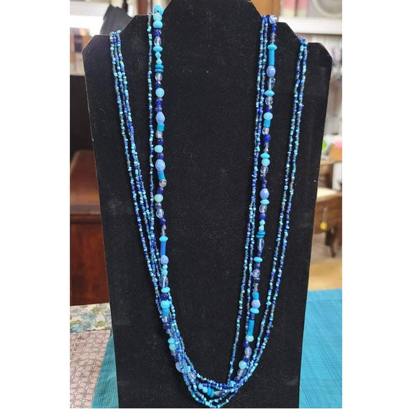 Vintage Costume Jewelry Fashion Multi Strand Beaded Blue Necklace Glass Stone