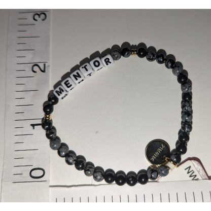 Little Words Project Black Gray Snowflake Stone Beaded Bracelet "MENTOR" Letters