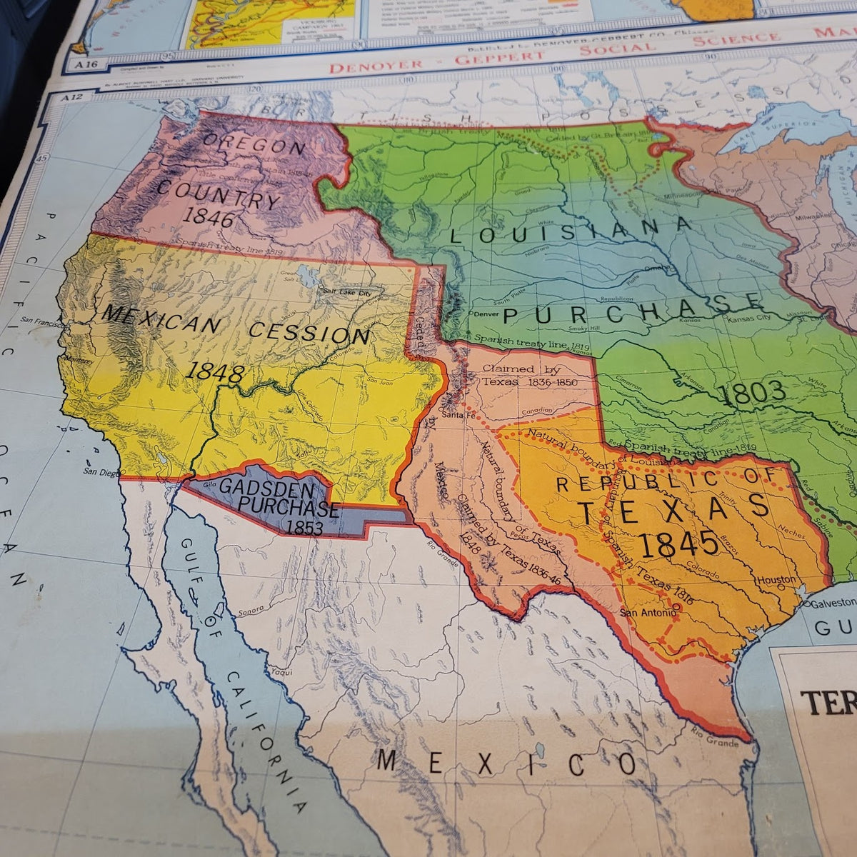 1960s Denoyer Geppert  School Wall Rollup Map Territorial Acquisitions 2 in 1