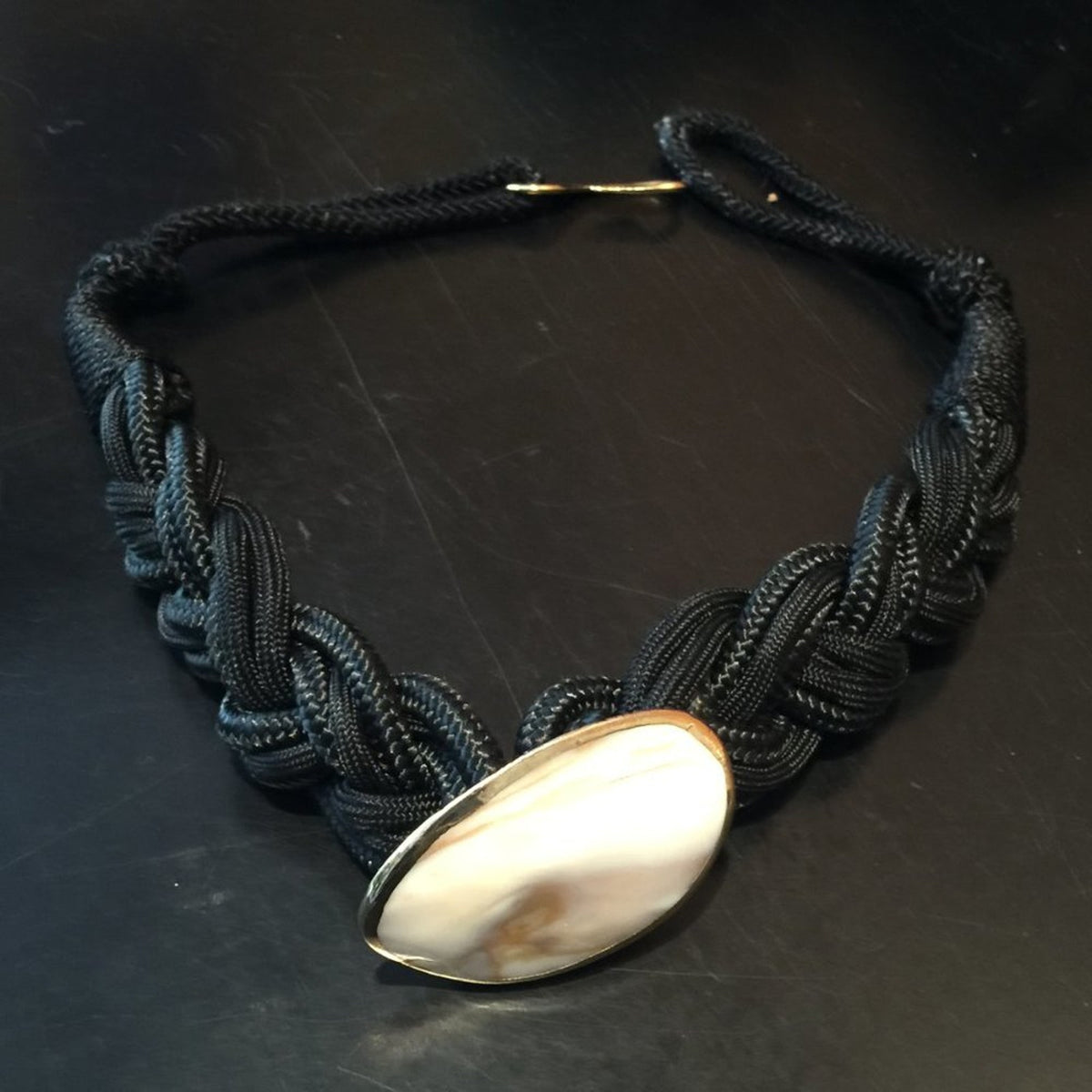 Vintage Black Rope Braided Belt Rope Knot Pearlescent shell Stone Small/Medium