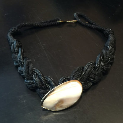 Vintage Black Rope Braided Belt Rope Knot Pearlescent shell Stone Small/Medium