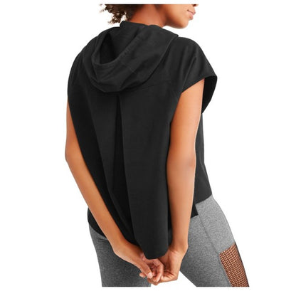 Avia Womens French Terry Short Sleeve Side Slit Crop Hoodie size XL Black active