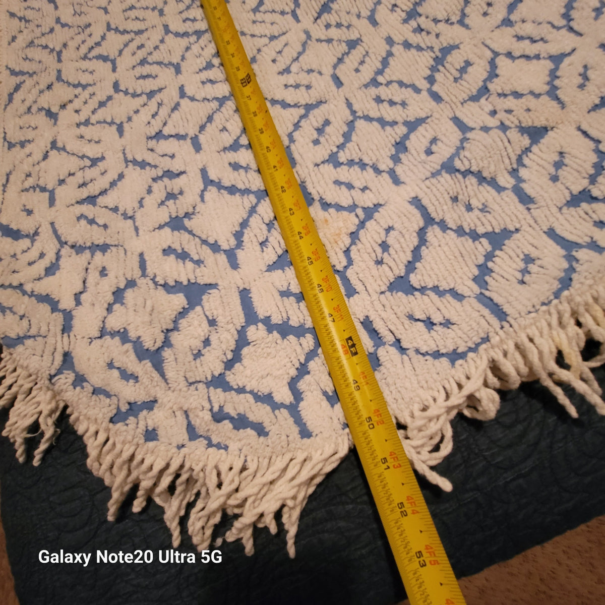 Vintage blue white chenille Bedspread coverlet queen fringe 90" x 100"