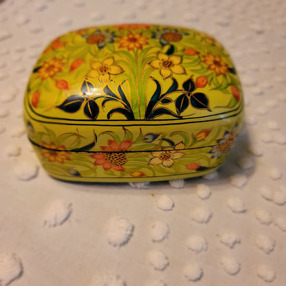 Vintage Kashmiri Yellow Floral Lacquer Trinket Lidded Box