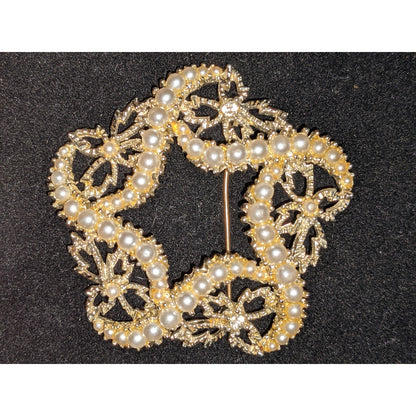 Vintage Golden Filigree Starfish Faux Pearl Brooch Ornate Metal Pin