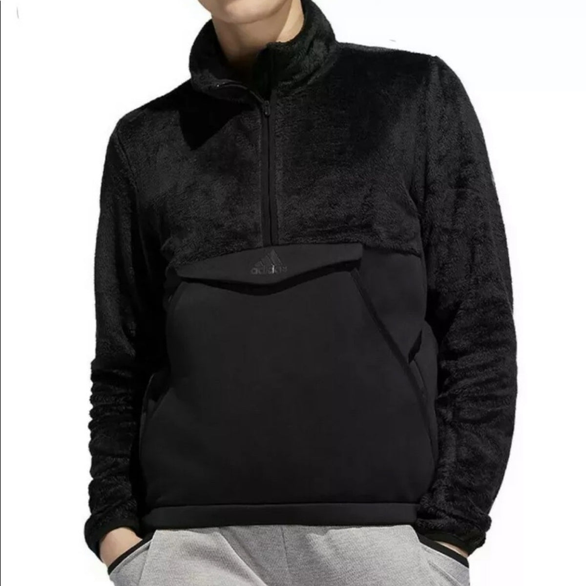 adidas Size Medium Front Pouch Athleticwear Faux Fur Mock Neck Half Zip Pullover