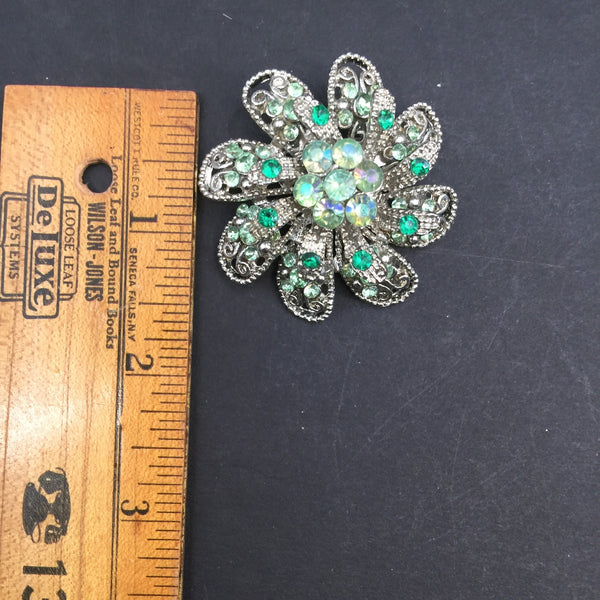 Vintage Green Rhinestone Silver Color Filigree Brooch Pin Costume