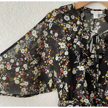 Topshop Sheer Chiffon Long Sleeve Ruffled Boho Mini Dress US 2 Black Floral NWT