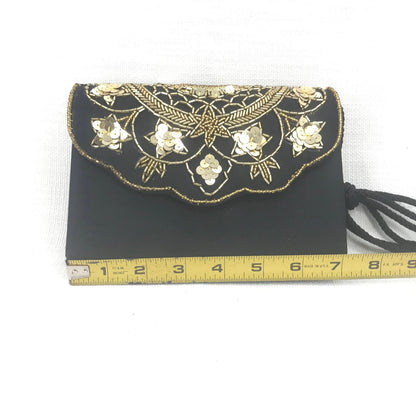 Vintage Soft Fabric Small Evening Bag Purse Shoulder Clutch Black Sequins Beaded
