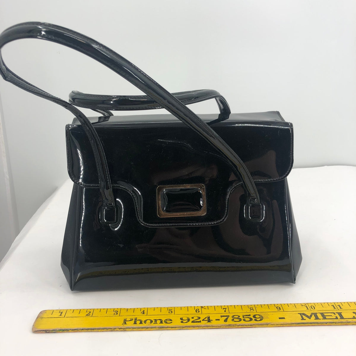 Vintage Lewis Women Handbag Purse Shiny Patent Leather 3 Compartment Black OS