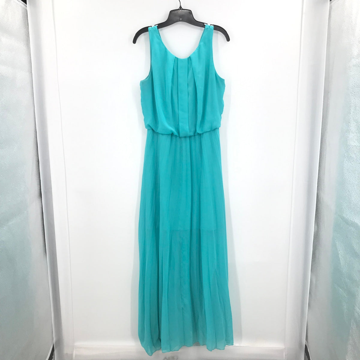 Pompous Girly Sleeveless Back Zip Pleated Maxi Dress Round Neck Turquoise Large