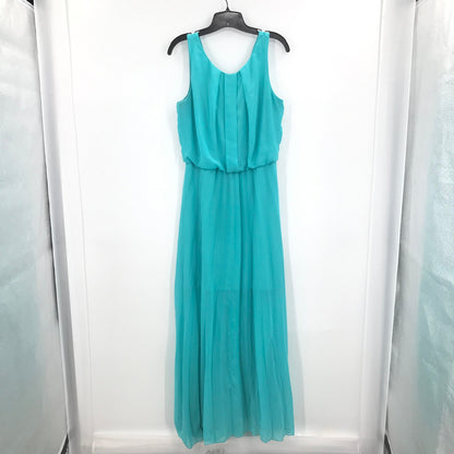 Pompous Girly Sleeveless Back Zip Pleated Maxi Dress Round Neck Turquoise Large