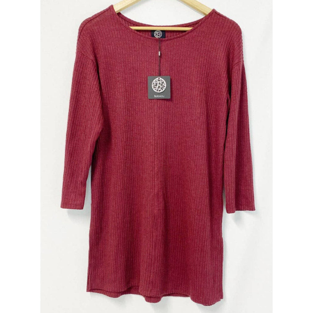 Bobeau 3/4 Sleeve Side Vents Ribbed Tunic Top Sz XS/Extra Small Windsor Wine NWT