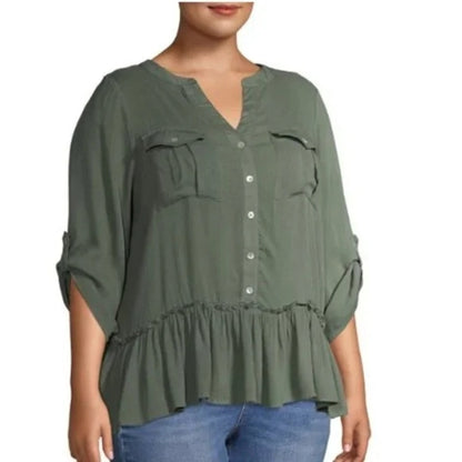 Derek Heart Laurel Wreathe Green Medium NEW blouse buttonfront peasant tunic top