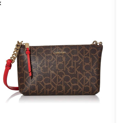 Calvin Klein Hayden Signature Chain Strap Crossbody Brown logo Red strap TRAVEL