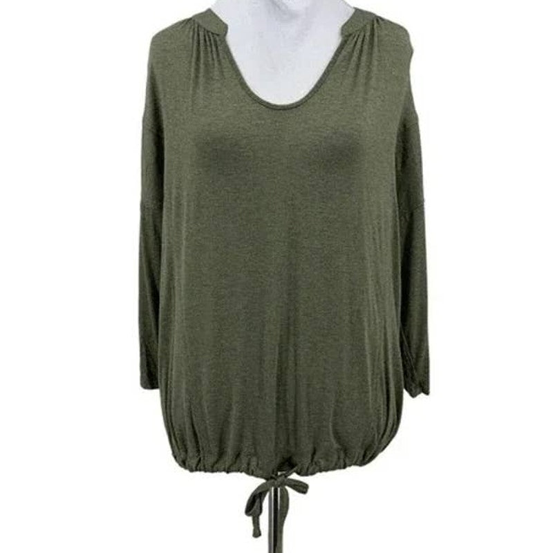 H by Bordeaux Drawstring Waist 3/4 Sleeve Top Sz Medium in Green Heather NWT