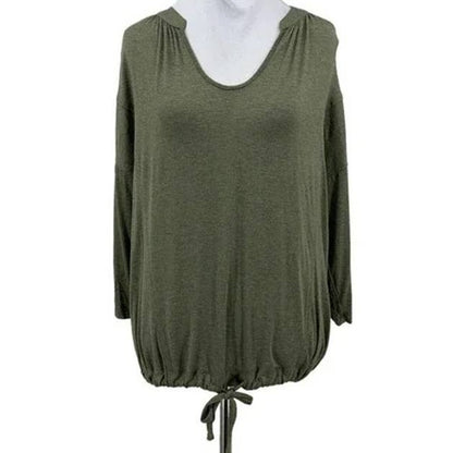 H by Bordeaux Drawstring Waist 3/4 Sleeve Top Sz Medium in Green Heather NWT