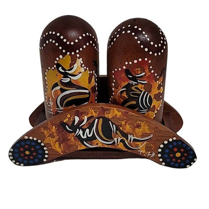 Australia Aboriginal Kangaroo Handmade Painted Wooden Salt Pepper Shakers Stand