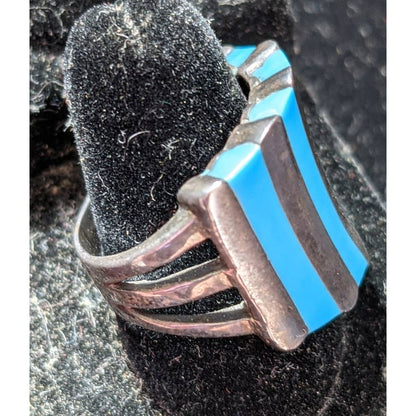 Vintage Retro 925 Sterling Silver Chunky Blue and Metal Stripe Ring Size 10